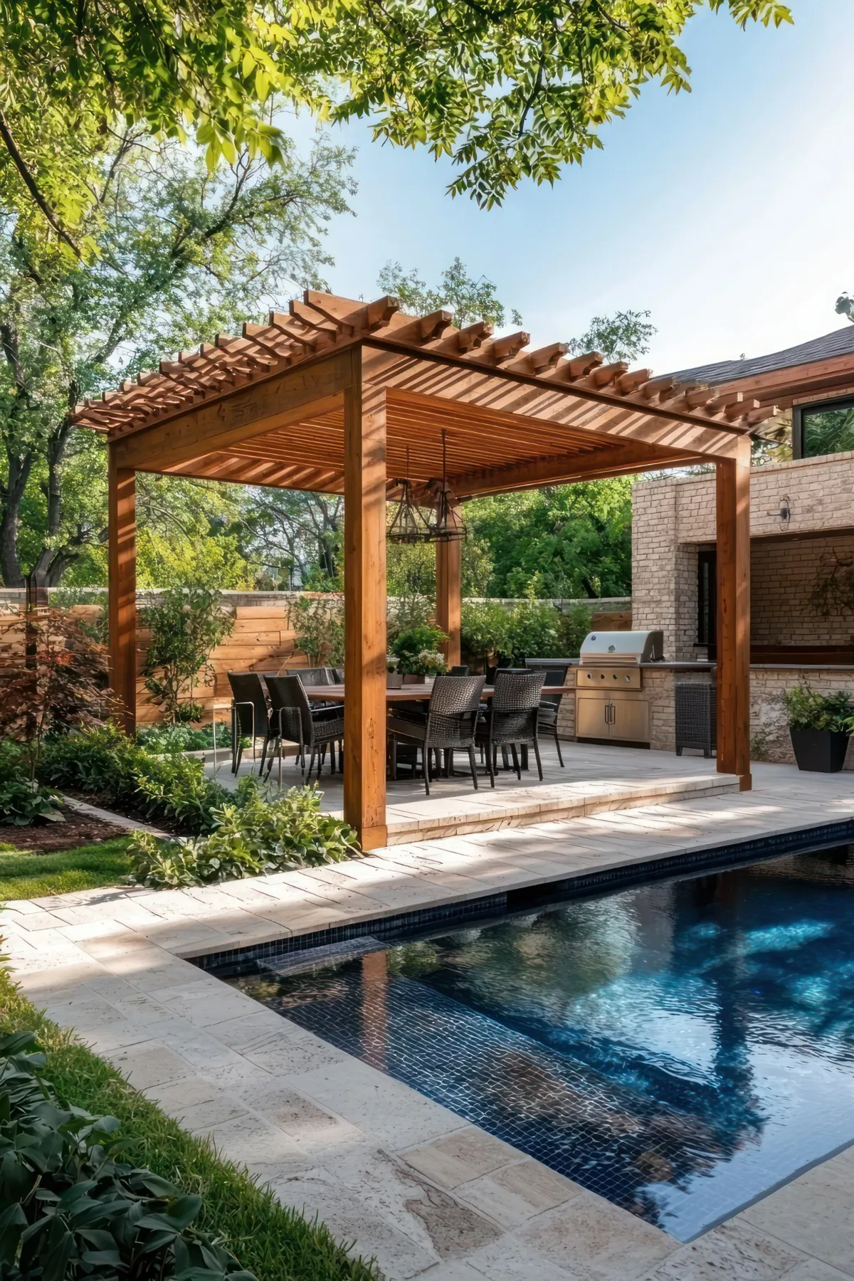 Une pergola en bois élégante près d'une piscine, intégrée dans un jardin bien aménagé.